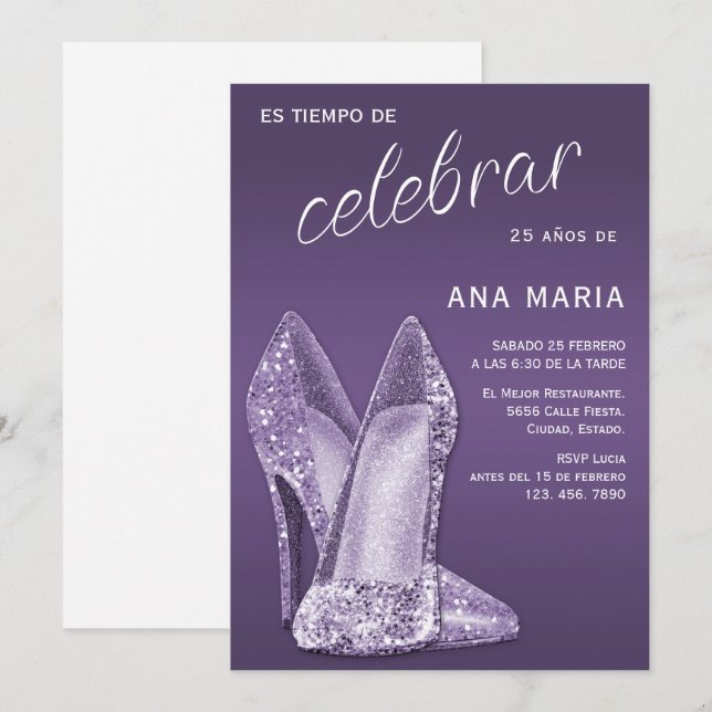 Convites Sofisticado Aniversário Feminino Espanhol Amatista (Frente/Verso)