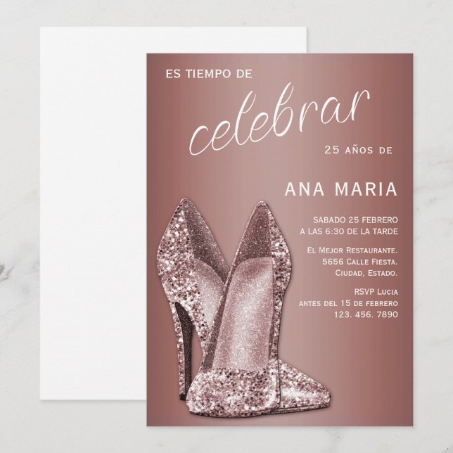 Convites Sofisticado Aniversário Feminino Espanhol em Rosa  (Frente/Verso)