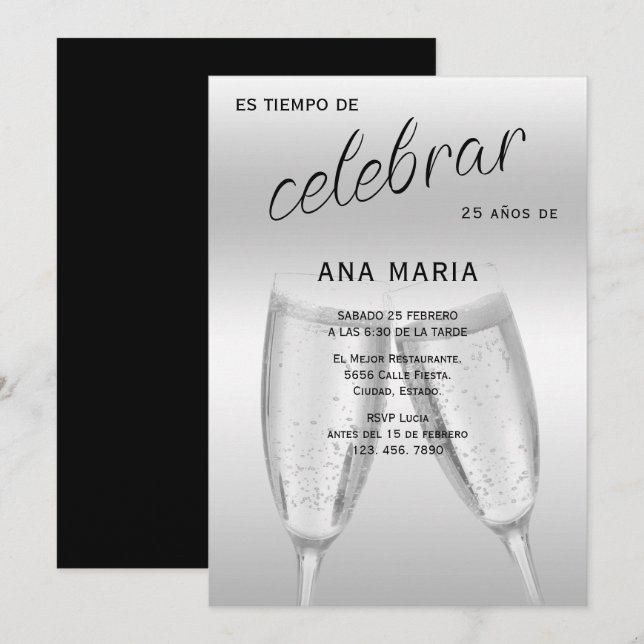 Convites Sofisticado Aniversário Feminino Espanhol Prata (Frente/Verso)