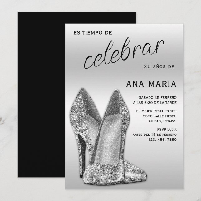 Convites Sofisticado Aniversário Feminino Espanhol Prateado (Frente/Verso)