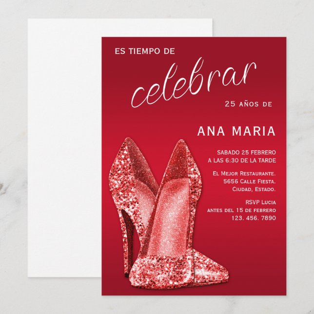 Convites Sofisticado Aniversário Feminino Espanhol Vermelho (Frente/Verso)