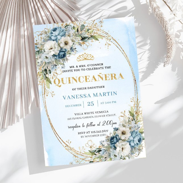 Convites Sofisticado Azul Poeirento Dourado Verde Quince  (Sophisticated Dusty Blue Gold Greenery Quince Invite)