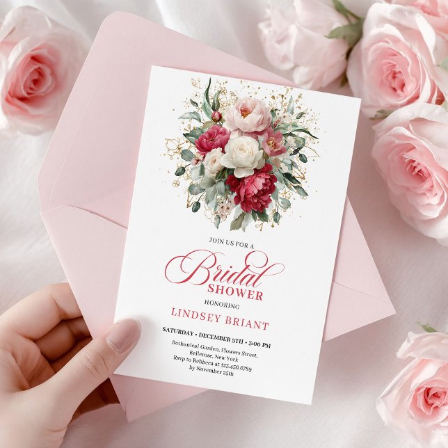 Convites Sofisticado Boêmio Vermelho Branco Floral Verdejan (Chic Boho Ruby Red Blush Greenery Bridal Shower)