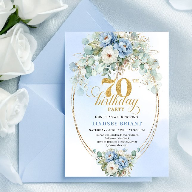 Convites Sofisticado Boho Azul e Dourado Floral 70º Anivers (Sophisticated Boho Blue and Gold Floral 70th Birthday)
