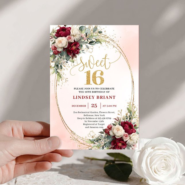 Convites Sofisticado Boho Marsala Dourado Floral Sweet Sixt (Sophisticated Boho Marsala Gold Floral Sweet Sixteen)