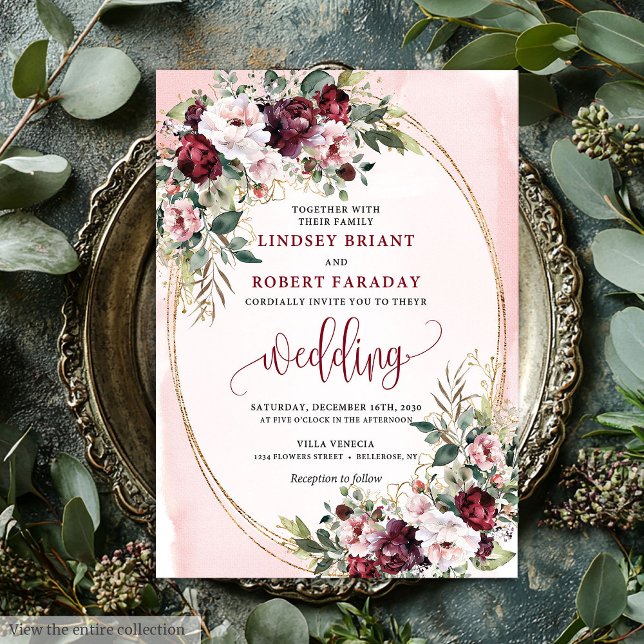 Convites Sofisticado Boho Merlot Dourado Floral Salvia Casa (Sophisticated Boho Merlot Gold Sage Floral Wedding Invitation)