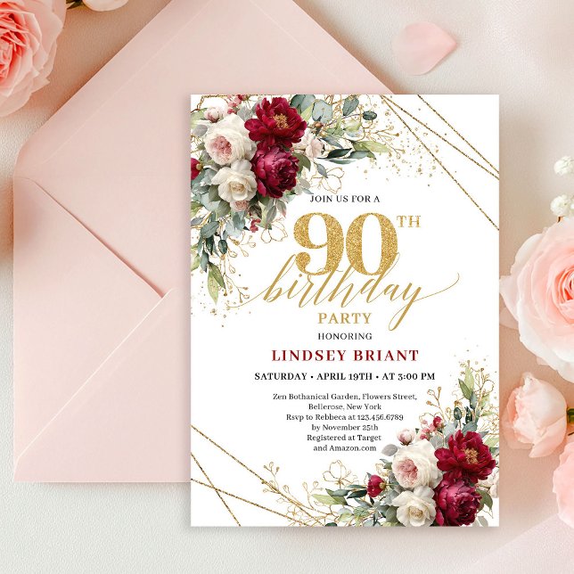 Convites Sofisticado Boho Merlot Rosa Dourado Aniversário d (Sophisticated Merlot Rose Gold 90th Birthday Invite)