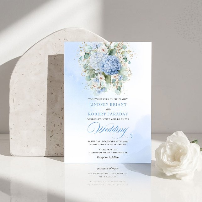 Convites Sofisticado Casamento Boêmio com Hortênsias Azuis (Sophisticated Bohemian Soft Blue Hydrangea Wedding Invite)