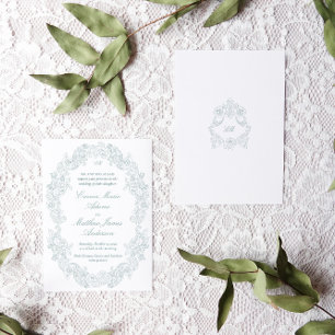 Convites Sofisticado Casamento Clássico Azul Regência Scrip
