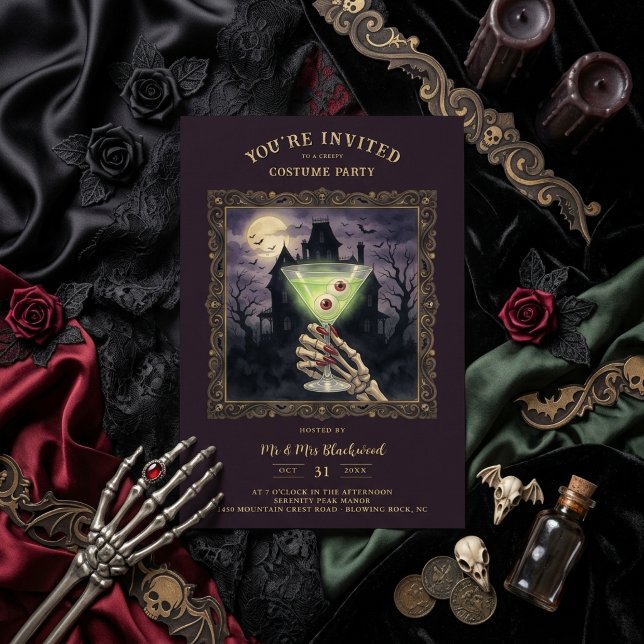 Convites Sofisticado Cocktail Halloween Gótico TMF26 (Elegant Funny and Sophisticated Halloween Gothic Cocktail for Costume Party Invitation Cards. )