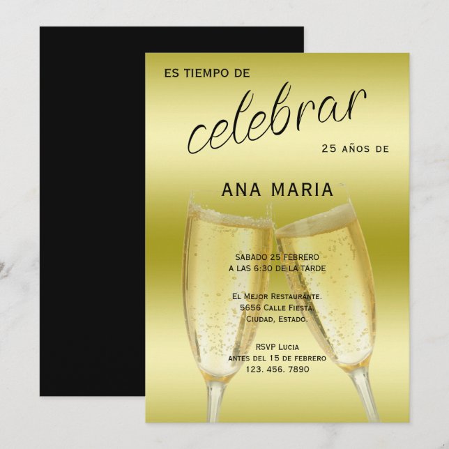 Convites Sofisticado Cumpleaños Femenino Español en Oro (Frente/Verso)