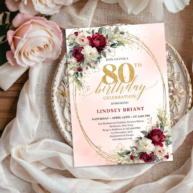 Convites Sofisticado Floral Burgundy Dourado Aniversário de (Sophisticated Burgundy Floral Gold 80th Birthday Invite)
