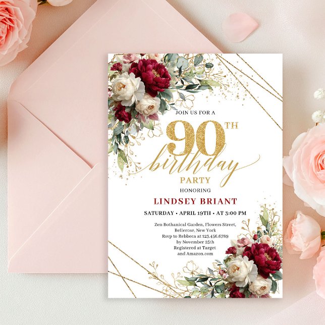 Convites Sofisticado Floral Burgundy Dourado Aniversário de (Sophisticated Burgundy Floral Gold 90th Birthday Invite)