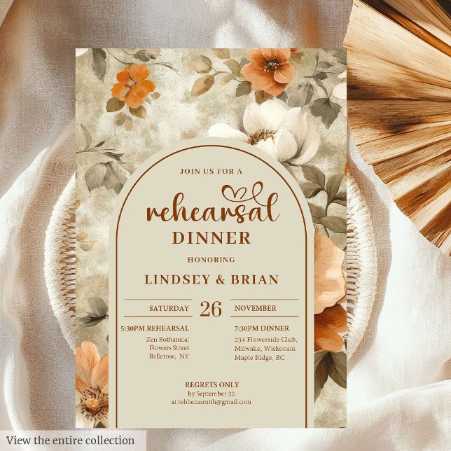 Convites Sofisticado Floral de Ensaios em Cobre e Marfim Sa (Sophisticated Copper Ivory Sage Floral Rehearsal Invitation)