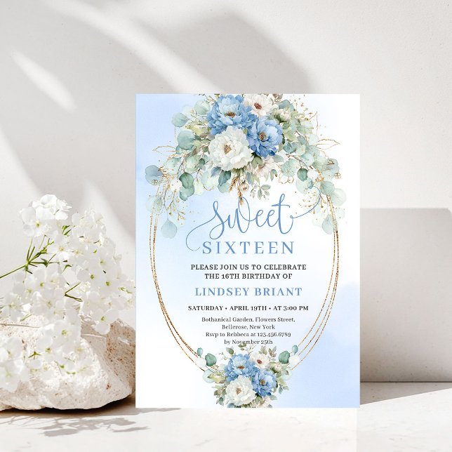 Convites Sofisticado Peônia Azul Empoeirado Doce 16 Anivers (Sophisticated Dusty Blue Peony Sweet 16 Birthday Invite)