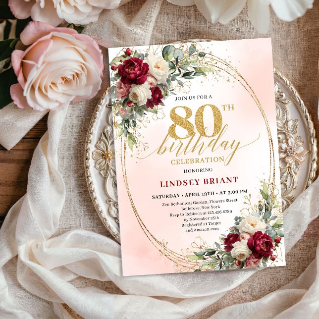 Convites Sofisticado Quadro Floral Borgonha para 80º Aniver (Sophisticated Burgundy Floral Frame 80th Birthday Invite)