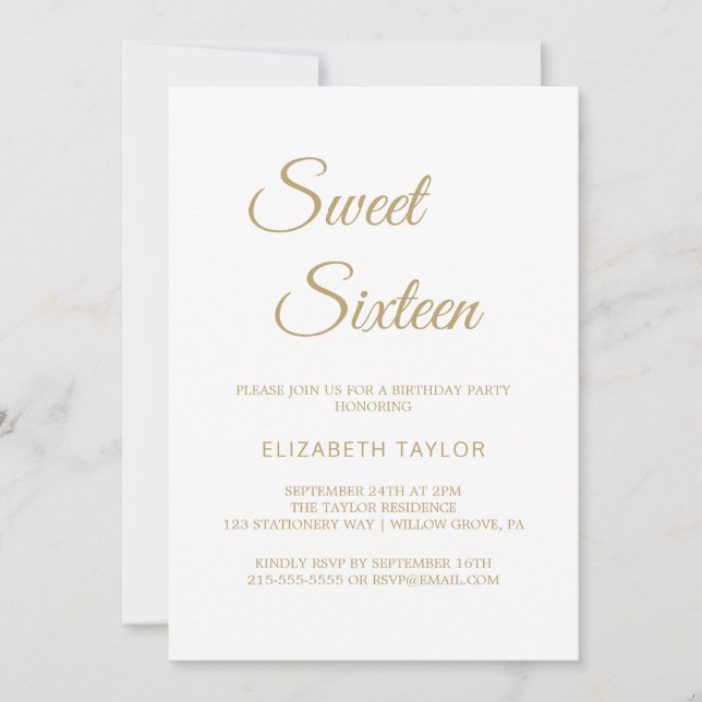 Convites Sofisticado Sweet Sixteen em Caligrafia Dourada (Frente)