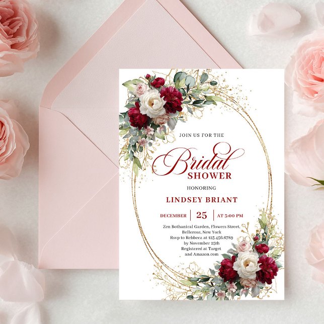 Convites Sofisticado Tomara que Caia Floral Dourado Banho  (Sophisticated Burgundy Blush Floral Gold Shower Invite)