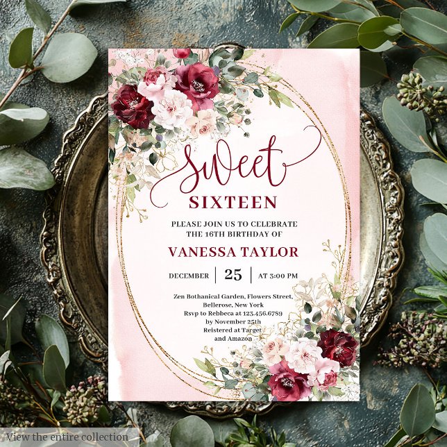 Convites Sofisticados de Burgundy Blush para Sweet (Sophisticated Burgundy Blush Sweet Sixteen Invitation

)