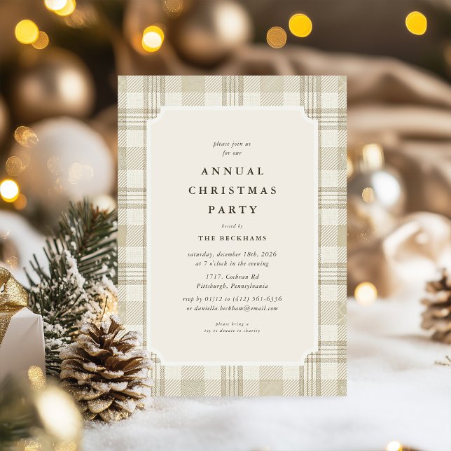 Convites Soft Beige Gingham Christmas Party (Criador carregado)