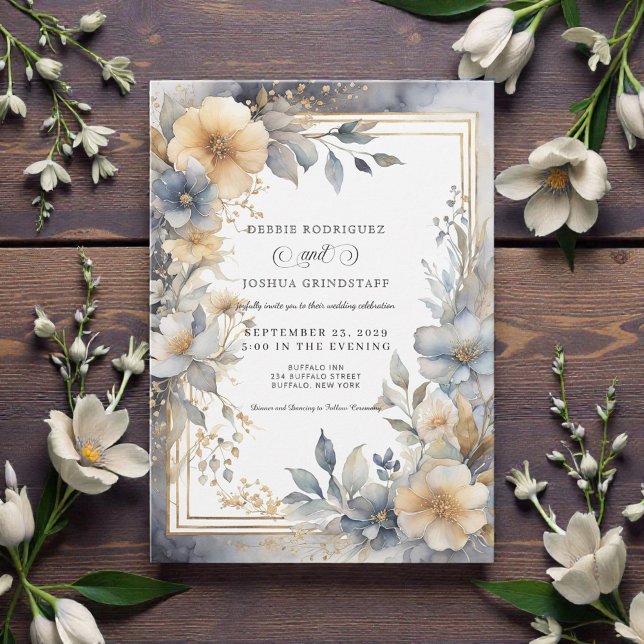 Convites Soft Beige & Gray Floral Frame Wedding Invitation  (Criador carregado)