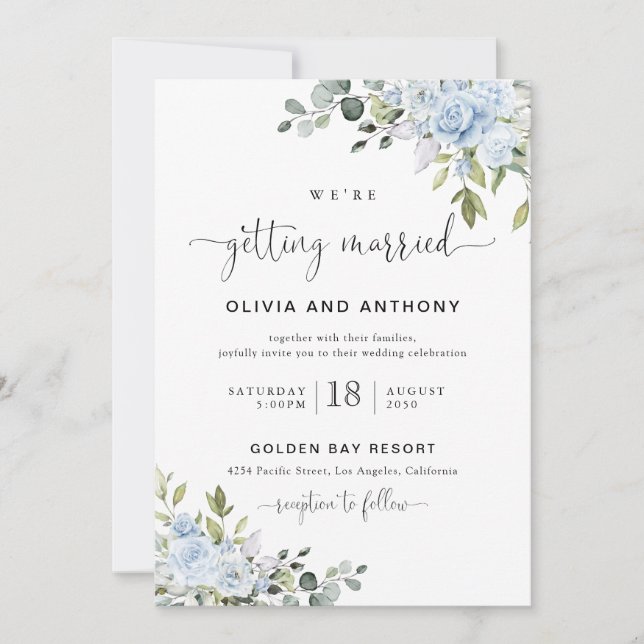 Convites Soft Blue Botanical Wedding Invitation (Frente)