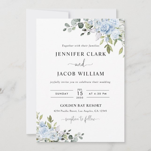 Convites Soft Blue Botanical Wedding Invitation (Frente)