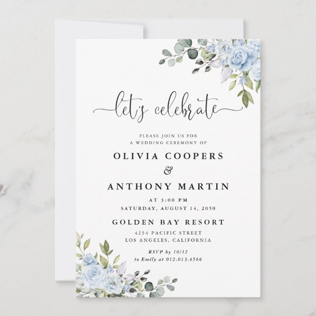 Convites Soft Blue Botanical Wedding Invitation (Frente)
