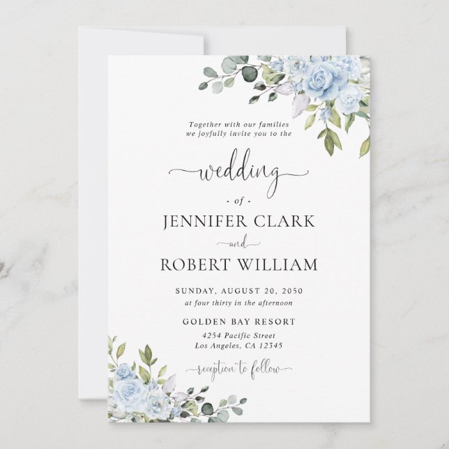 Convites Soft Blue Botanical Wedding Invitation (Frente)