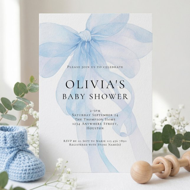 Convites Soft Blue Bow Text Overlay Baby Shower (Criador carregado)