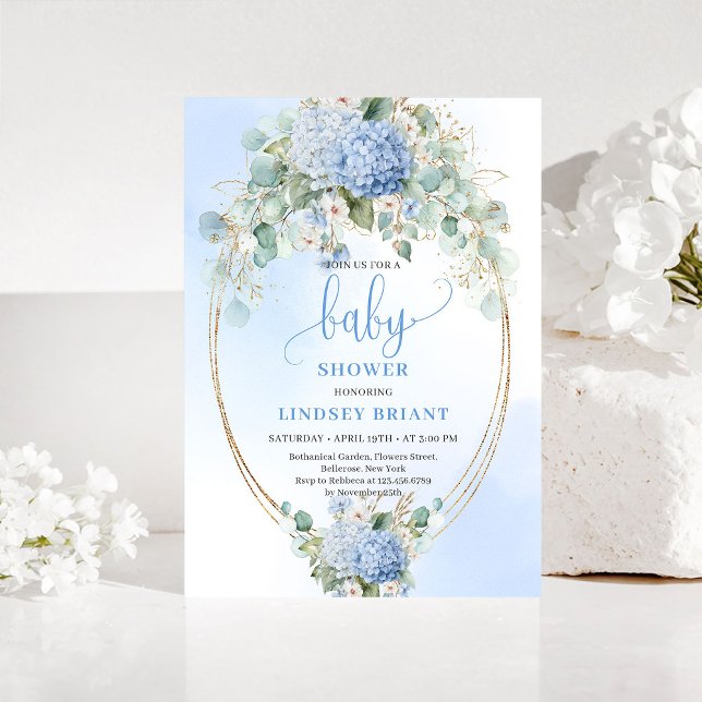 Convites Soft Blue Floral Baby Shower Invitation Gold (Soft Blue Floral Baby Shower Invitation Gold)