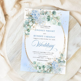 Convites Soft Blue Floral Wheat Gold Oval Wedding Invite