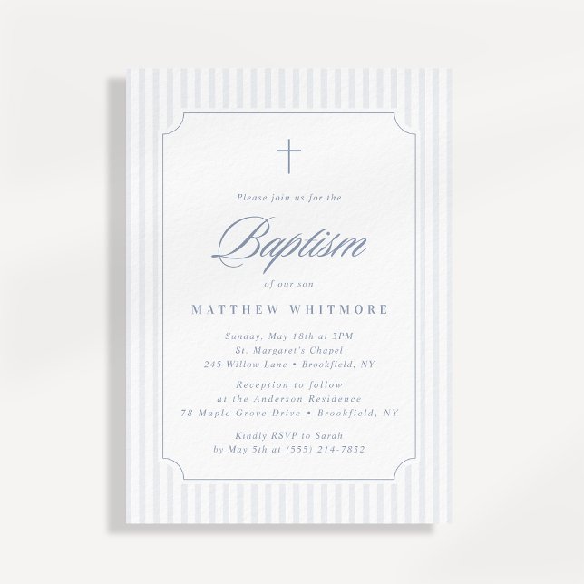 Convites Soft Blue-Gray Striped Baptism Invitation (Criador carregado)