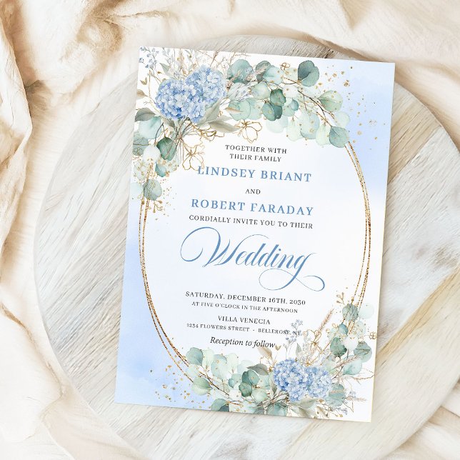 Convites Soft Blue Hydrangea Wheat Gold Elegant Wedding  (Soft Blue Hydrangea Wheat Gold Elegant Wedding Invite)