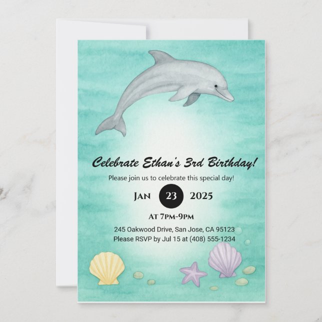 Convites Soft Blue Ocean Dolphin Illustration Birthday  (Frente)