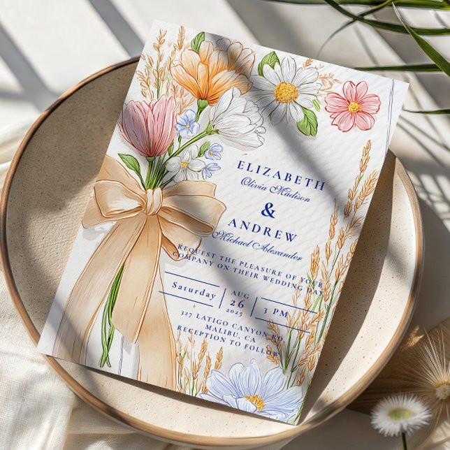 Convites Soft Blue Ribbon Floral Wedding (Criador carregado)