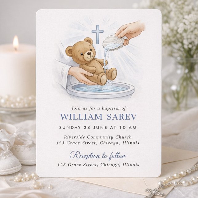 Convites Soft Blue Teddy Bear Baptism  (Criador carregado)