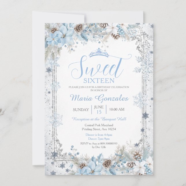 Convites Soft Blue Winter Floral Christmas Sweet Sixteen (Frente)