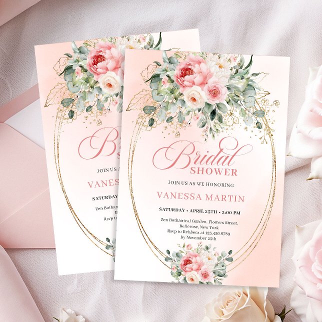 Convites Soft Blush and Gold Botanical Bridal Shower Invite (Soft Blush and Gold Botanical Bridal Shower Invitation)