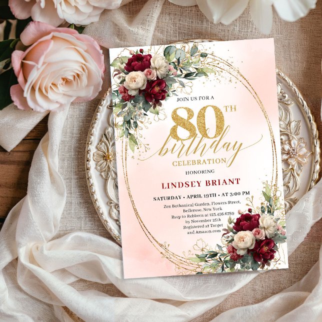 Convites Soft Blush Boho Floral 80th Birthday Party Invitе (Soft Blush Boho Floral 80th Birthday Party Invitation)
