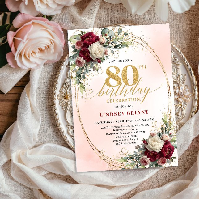 Convites Soft Blush Boho Floral 80th Birthday Party Invite (Soft Blush Boho Floral 80th Birthday Party Invitation)