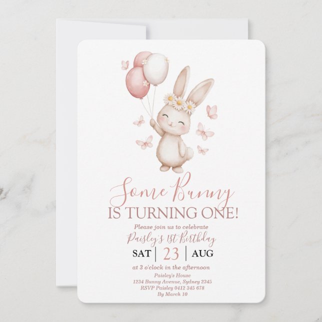Convites Soft Blush Bunny First Birthday (Frente)