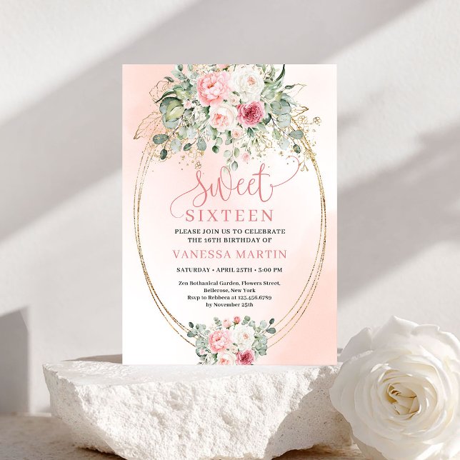 Convites Soft Blush Floral Greenery Sweet Sixteen Invitatio (Soft Blush Floral Greenery Sweet Sixteen Invitation)
