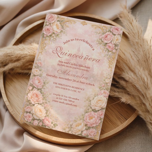Convites Soft Blush Rose Garden Quinceañera (Criador carregado)