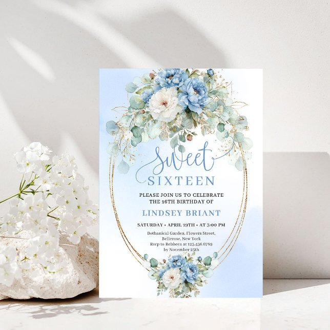 Convites Soft Boho Dusty Blue Floral Gold Sweet 16 Birthday (Soft Dusty Blue Floral Gold Sweet 16 Birthday Party Invite)