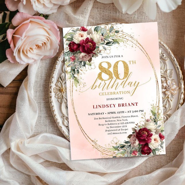 Convites Soft Burgundy Bohemian Floral 80th Birthday Invite (Soft Burgundy Bohemian Floral 80th Birthday Invitation)
