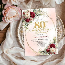 Convites Soft Burgundy Floral Gold 80th Birthday Invitation