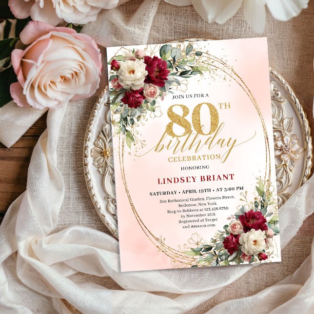 Convites Soft Burgundy Floral Gold 80th Birthday Invitation (Soft Burgundy Floral Gold 80th Birthday Invitation)