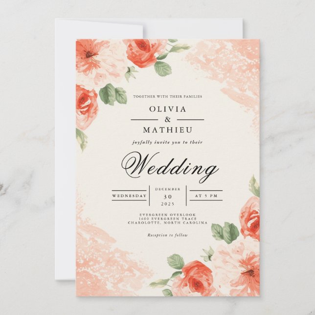 Convites Soft Coral Floral Accent Wedding (Frente)