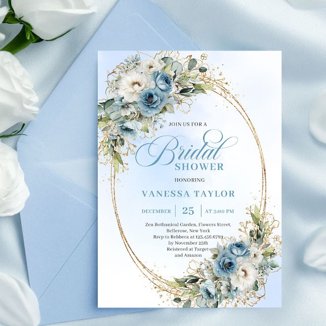 Convites Soft Dusty Blue Floral Script Bridal Shower Invite (Soft Dusty Blue Floral Script Bridal Shower Invitation)